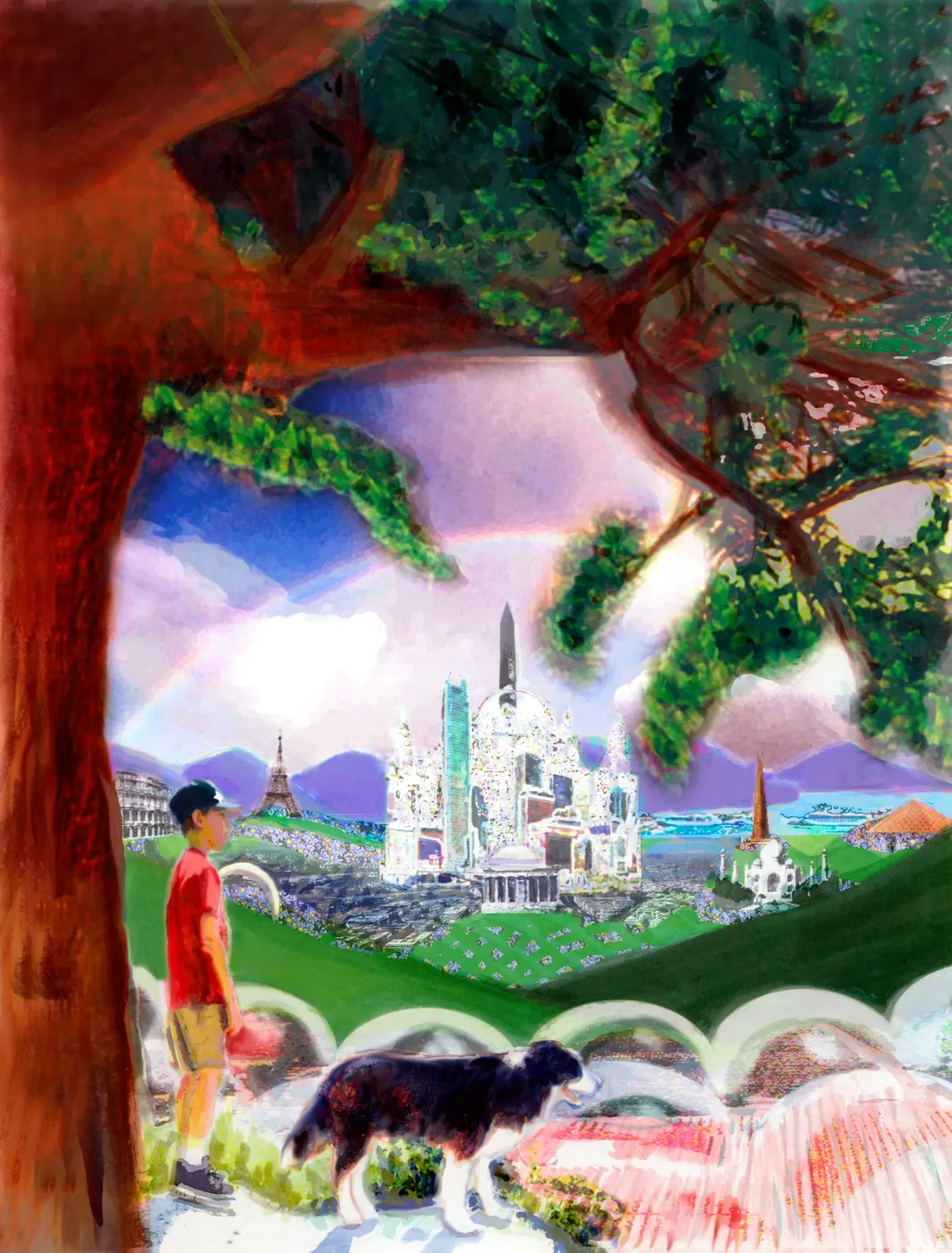 Man and dog overlooking fantasy city