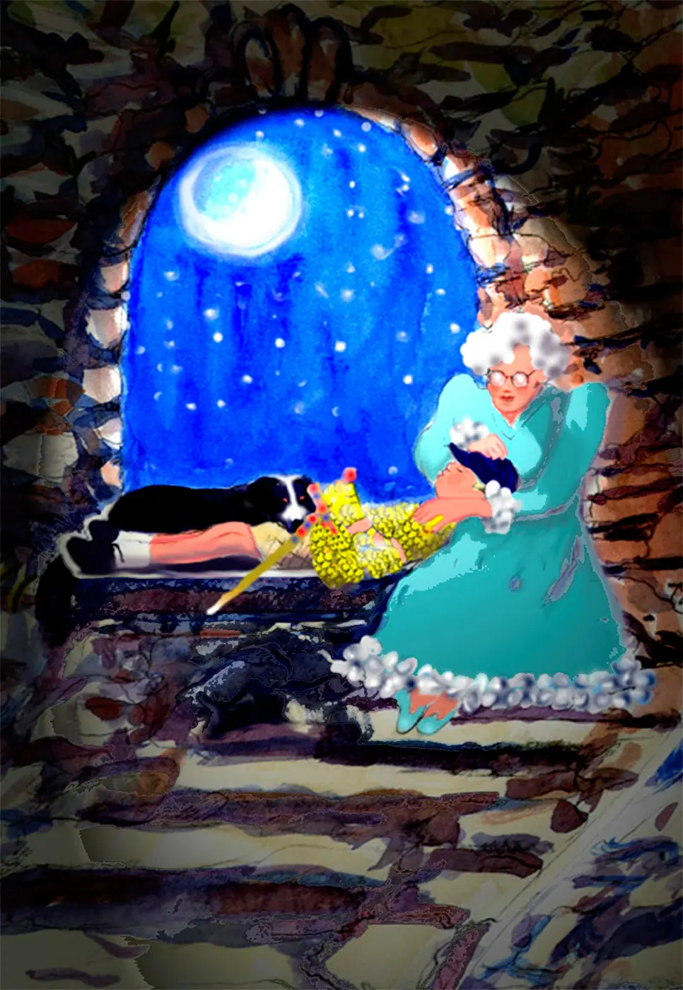 Old woman knitting beside sleeping dog