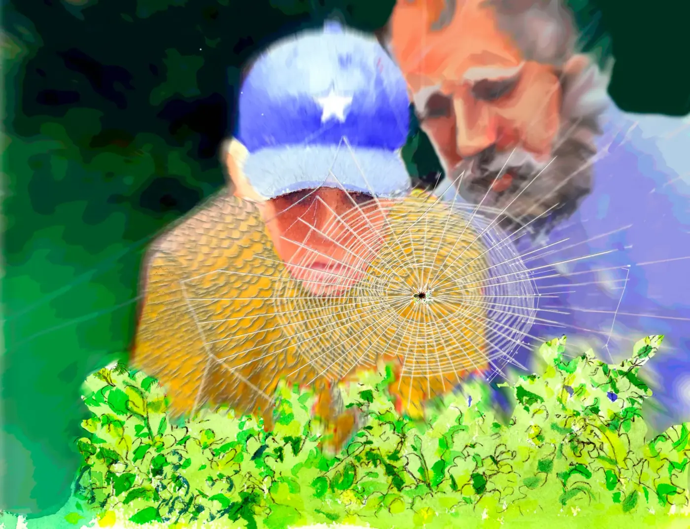Two men observing a spider web