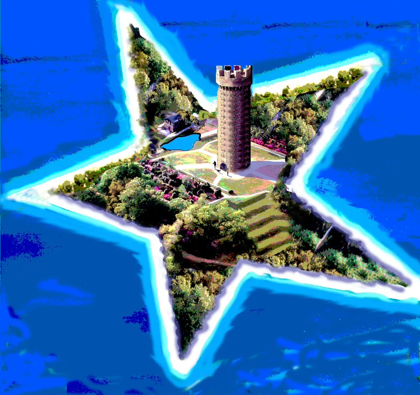 Star island surrounded by blue water