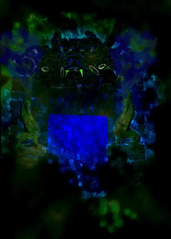 Mysterious glowing blue portal in darkness.