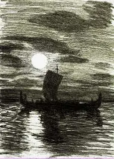 Vikings Sailing into Sunset