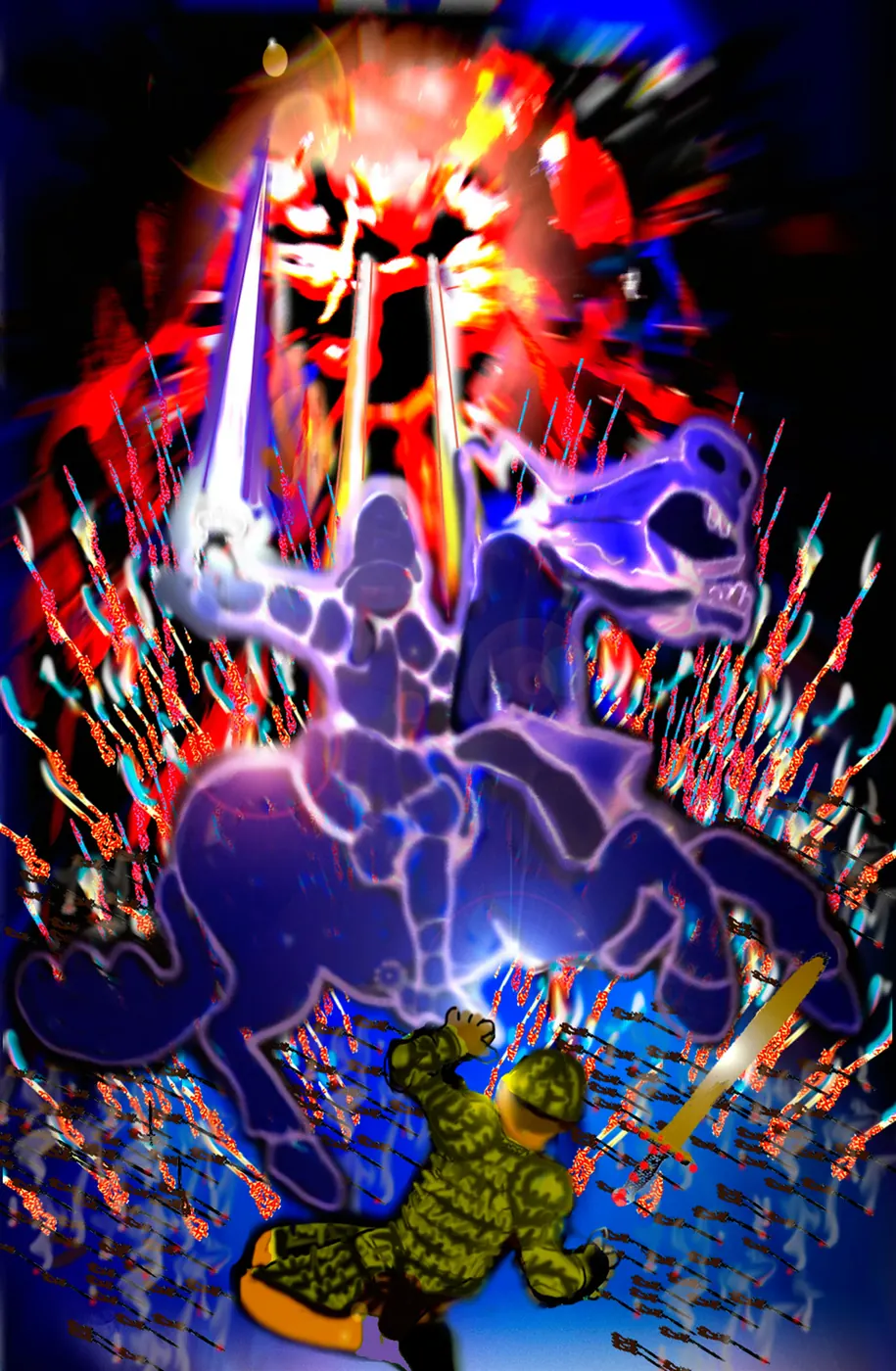Warrior facing shadowy horseman in battle