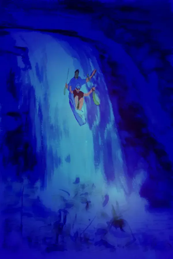Two people kayaking down a waterfall