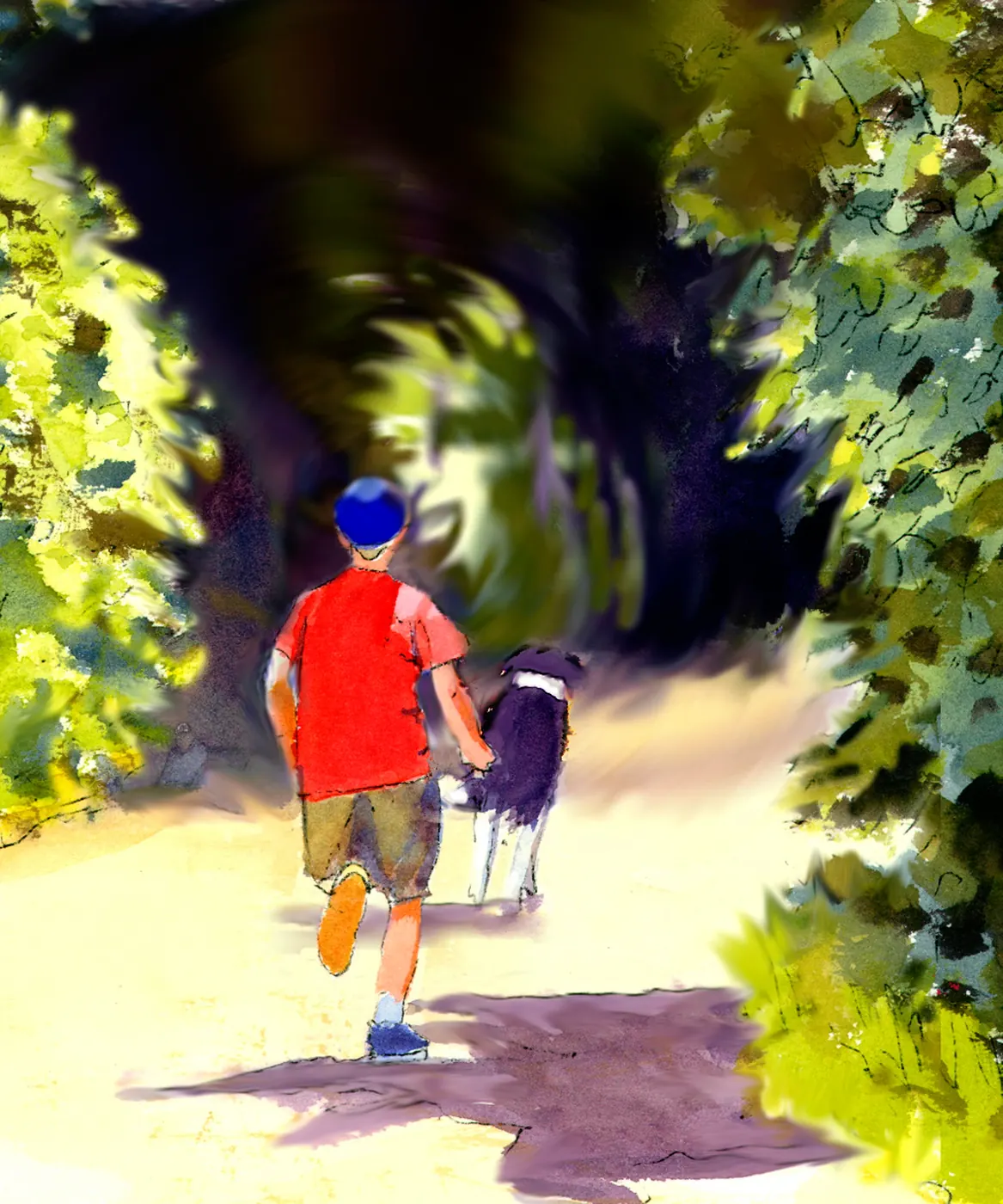 Child and pet on wooded path