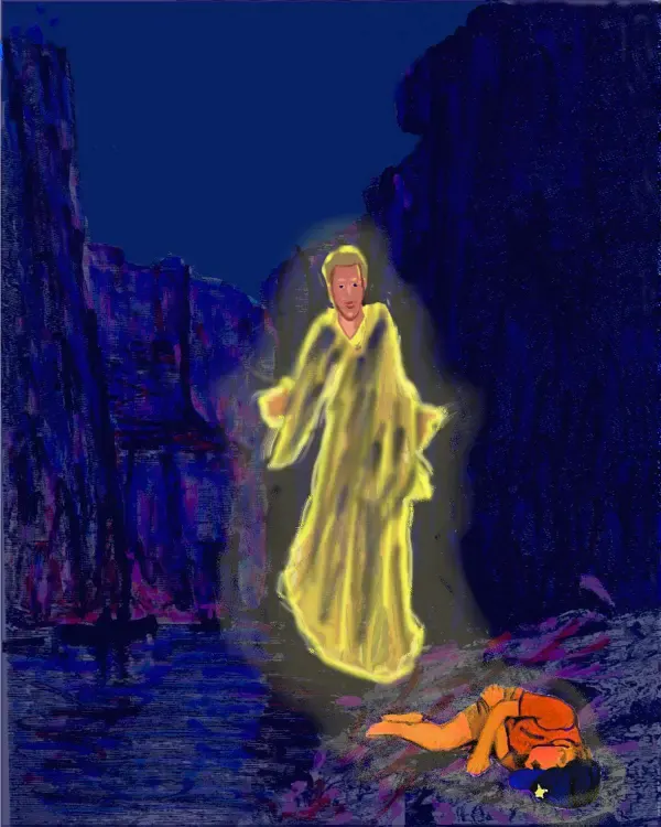 Glowing figure appears beside sleeping person.
