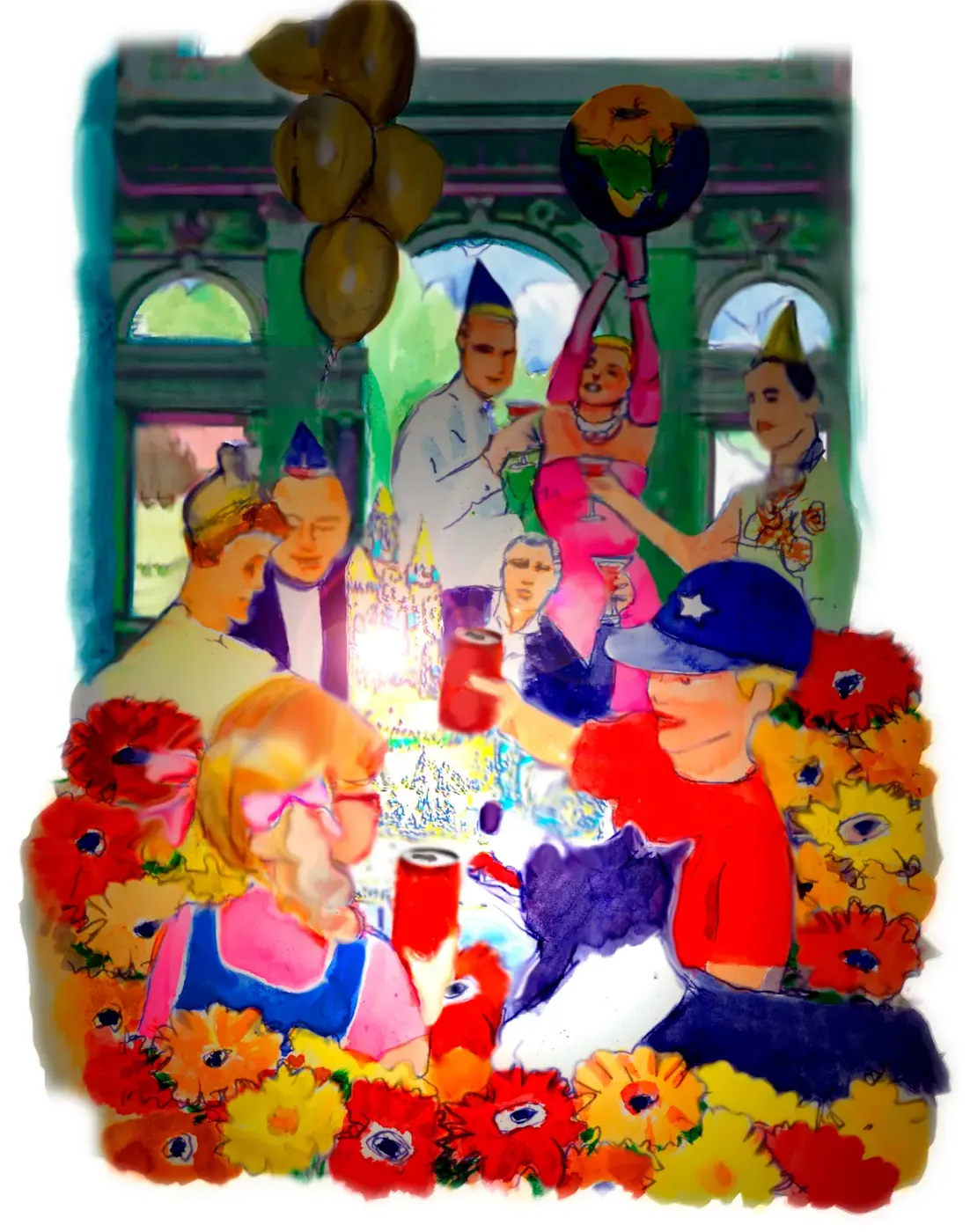 Colorful party scene with balloons and flowers