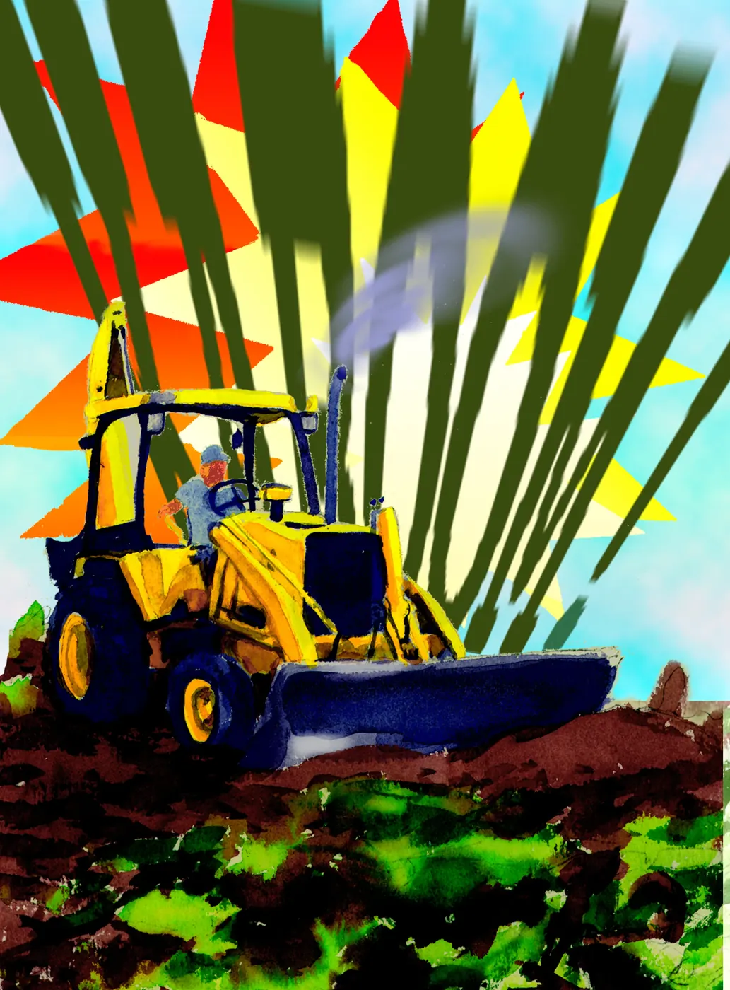 Bulldozer in colorful abstract landscape