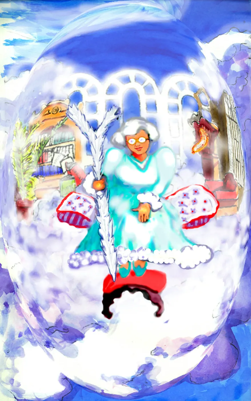 Vibrant fantasy scene with elderly figure